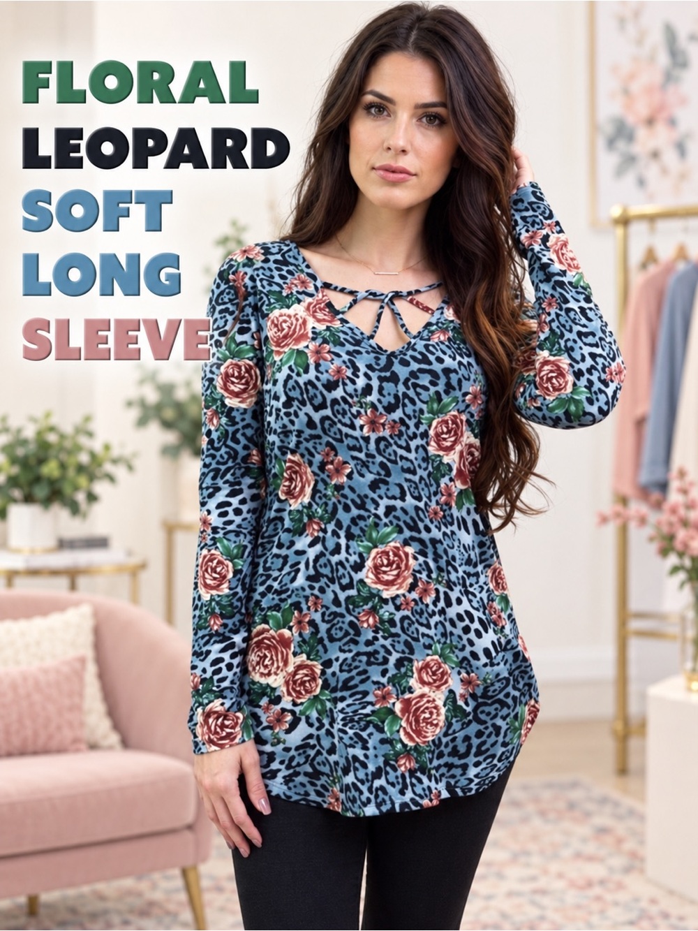 Floral Leopard Soft Long Sleeve Blue Top NEW